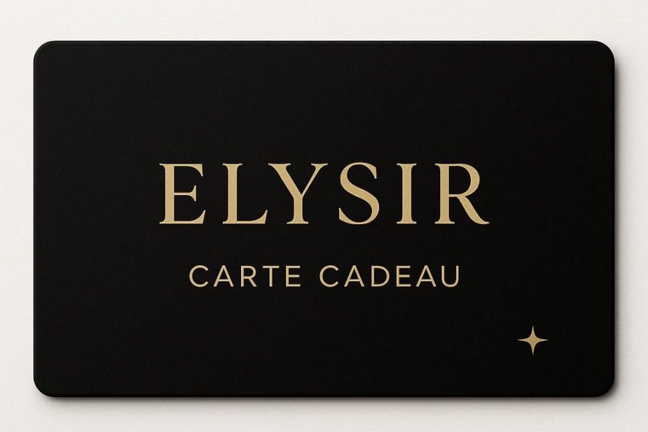 Carte cadeau ELYSIR, fond noir avec texte doré.